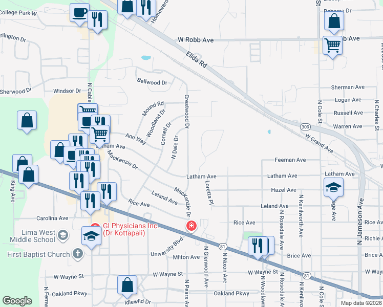 map of restaurants, bars, coffee shops, grocery stores, and more near 1009 Loretta Place in Lima