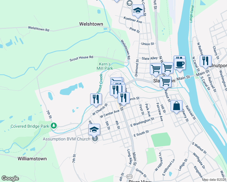 map of restaurants, bars, coffee shops, grocery stores, and more near 4 Willow Avenue in Slatington