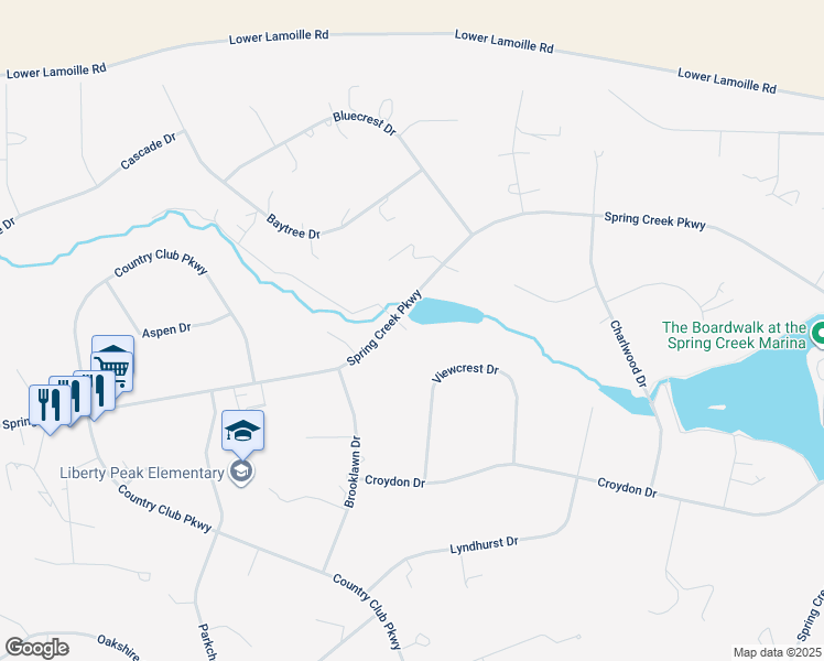map of restaurants, bars, coffee shops, grocery stores, and more near 434 Spring Creek Parkway in Spring Creek