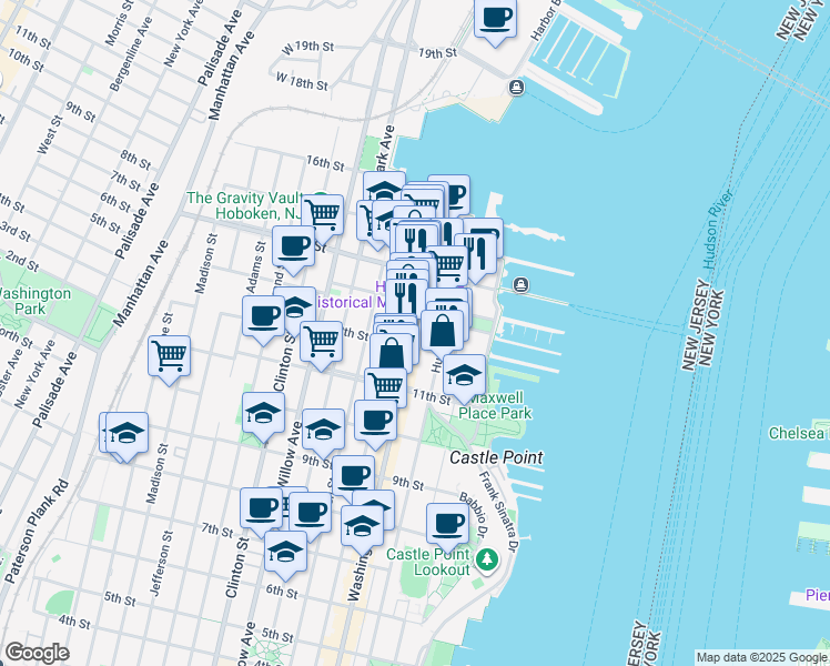 map of restaurants, bars, coffee shops, grocery stores, and more near 1217 Washington Street in Hoboken
