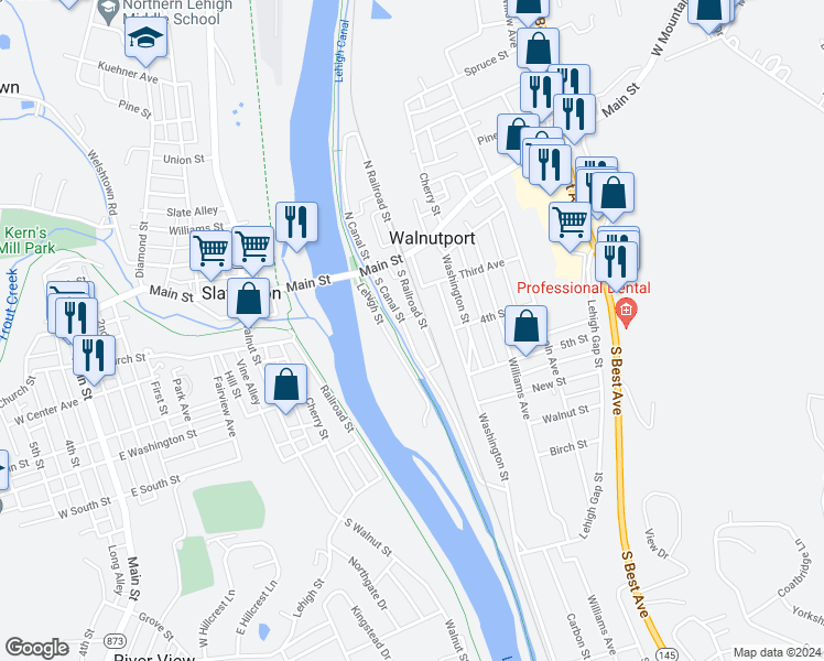 map of restaurants, bars, coffee shops, grocery stores, and more near 313 South Canal Street in Walnutport