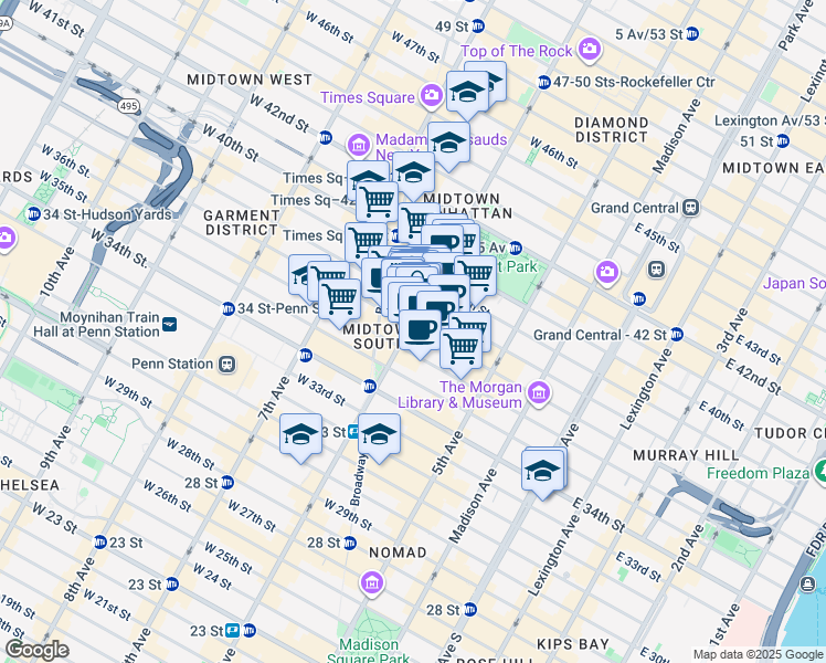 map of restaurants, bars, coffee shops, grocery stores, and more near 990 6th Avenue in New York