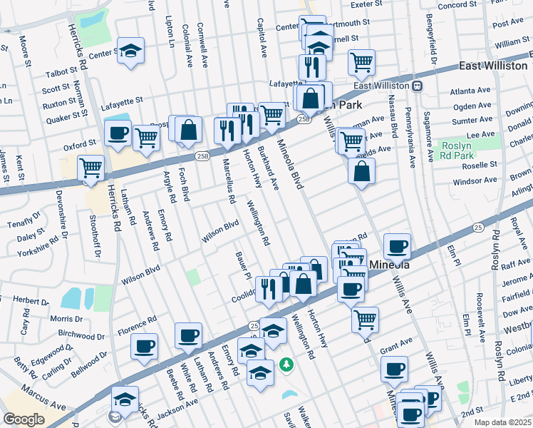 map of restaurants, bars, coffee shops, grocery stores, and more near 408 Horton Highway in Mineola