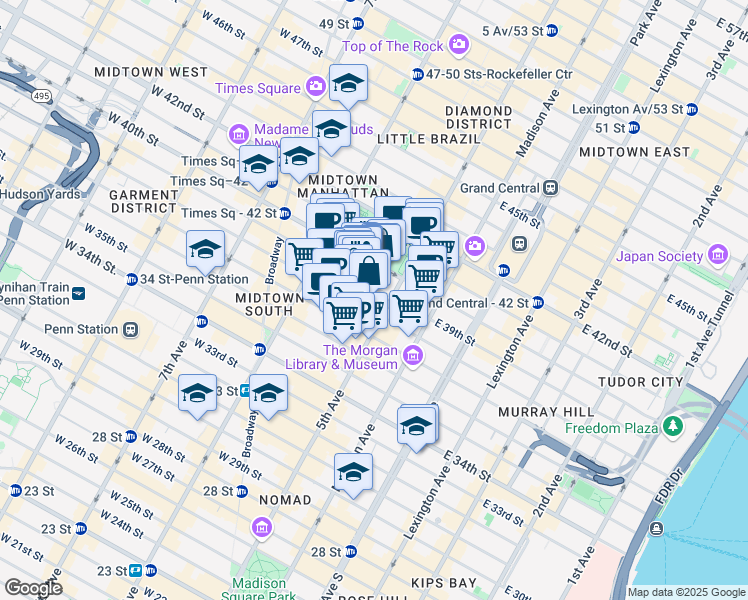 map of restaurants, bars, coffee shops, grocery stores, and more near 424 5th Avenue in New York