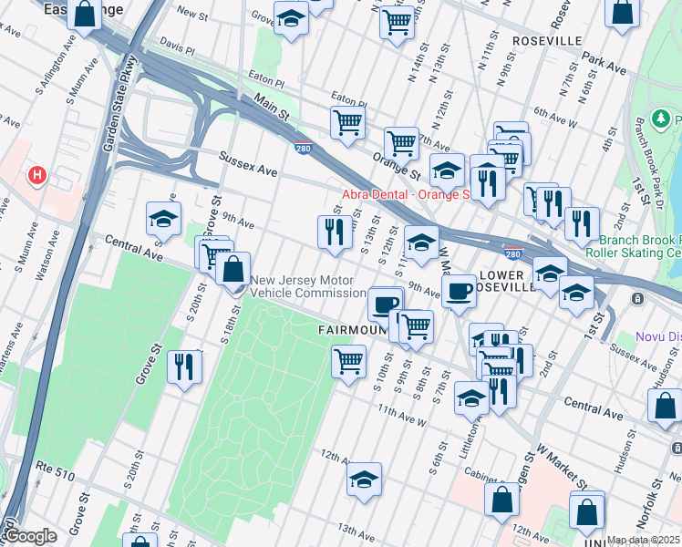map of restaurants, bars, coffee shops, grocery stores, and more near 116 South 14th Street in Newark