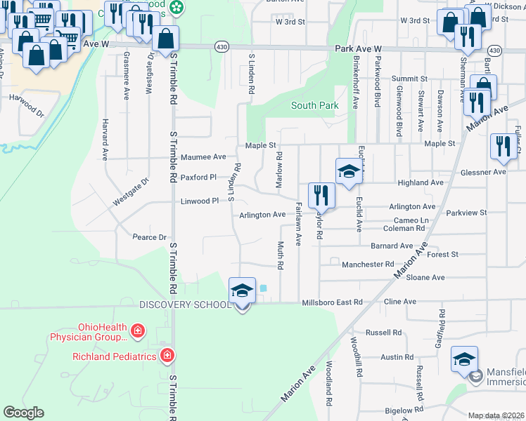 map of restaurants, bars, coffee shops, grocery stores, and more near 842 Arlington Avenue in Mansfield