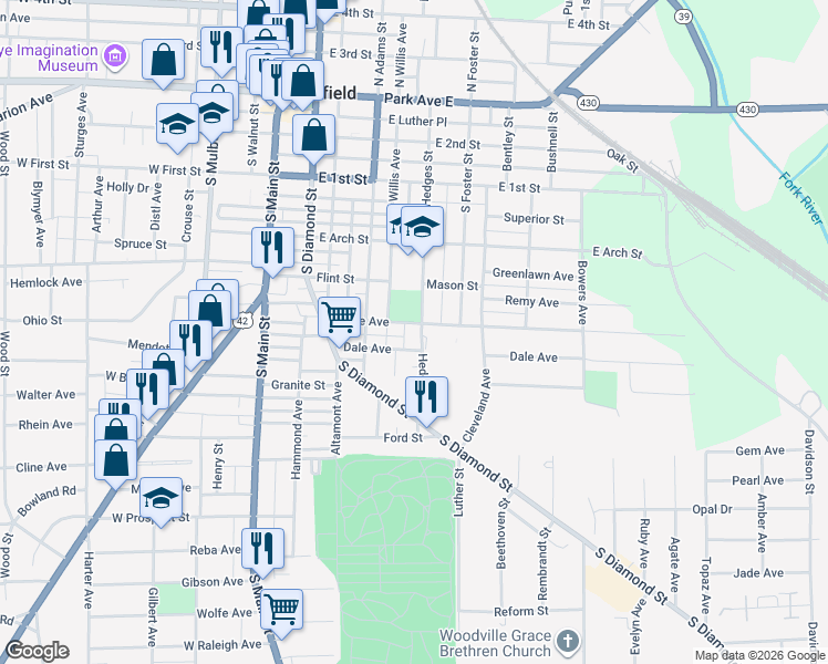 map of restaurants, bars, coffee shops, grocery stores, and more near 143-185 Home Avenue in Mansfield