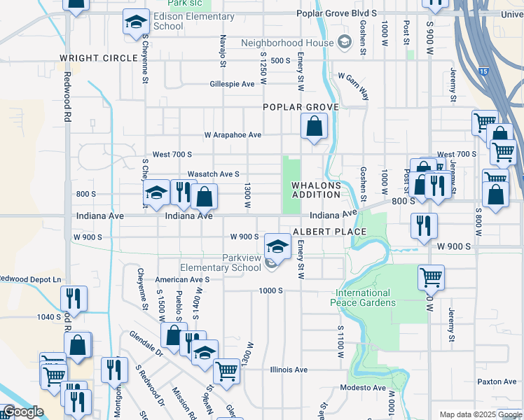 map of restaurants, bars, coffee shops, grocery stores, and more near 1240 West Indiana Avenue in Salt Lake City