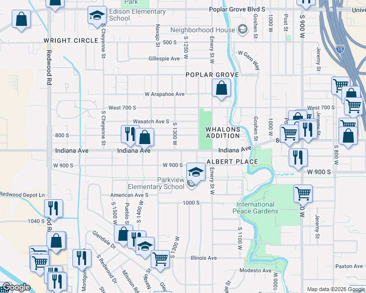 map of restaurants, bars, coffee shops, grocery stores, and more near 1244 West Indiana Avenue in Salt Lake City