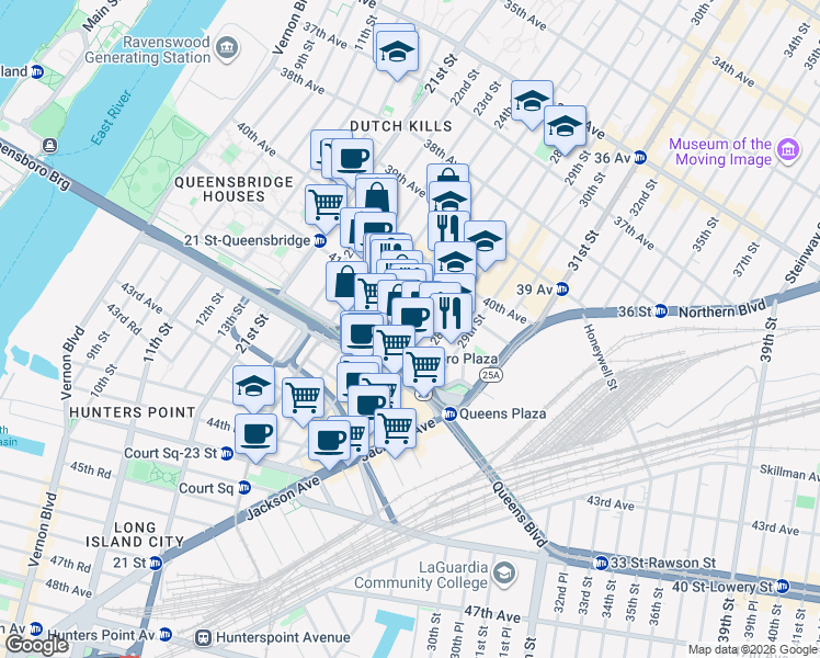 map of restaurants, bars, coffee shops, grocery stores, and more near 27-01 41st Avenue in Queens