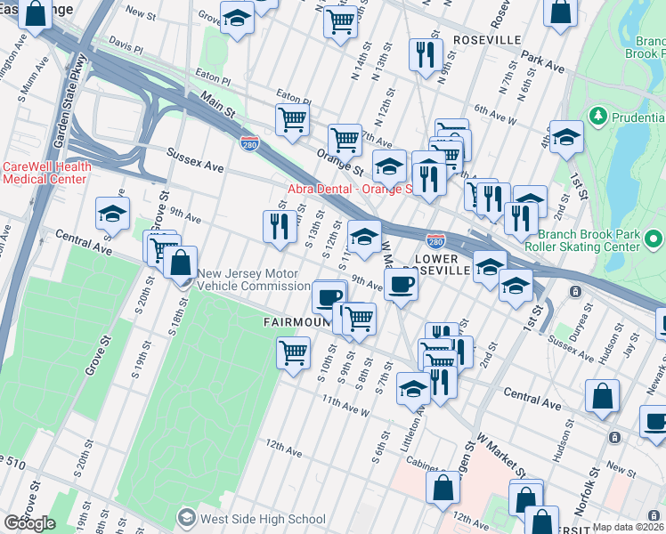 map of restaurants, bars, coffee shops, grocery stores, and more near 73 South 11th Street in Newark