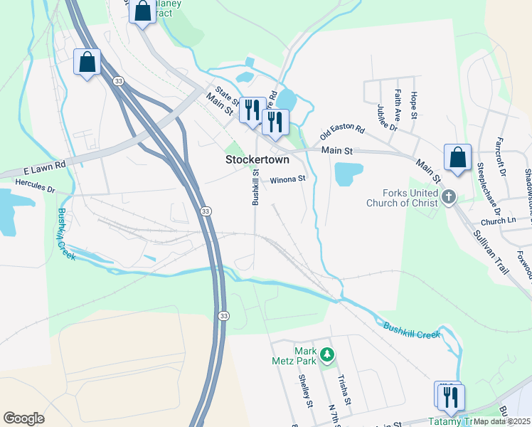 map of restaurants, bars, coffee shops, grocery stores, and more near 217 Bushkill Street in Easton