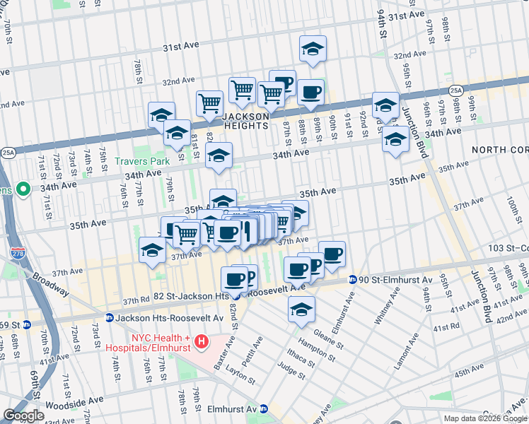 map of restaurants, bars, coffee shops, grocery stores, and more near 35-16 85th Street in Queens