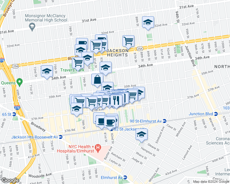 map of restaurants, bars, coffee shops, grocery stores, and more near None in Queens