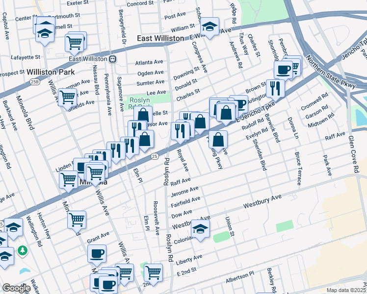 map of restaurants, bars, coffee shops, grocery stores, and more near 35 Arlington Street in Mineola