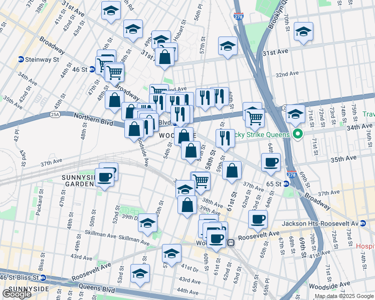 map of restaurants, bars, coffee shops, grocery stores, and more near 33-48 55th Street in Queens