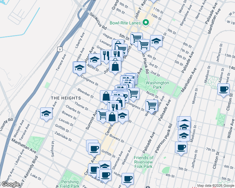 map of restaurants, bars, coffee shops, grocery stores, and more near 41 Graham Street in Jersey City