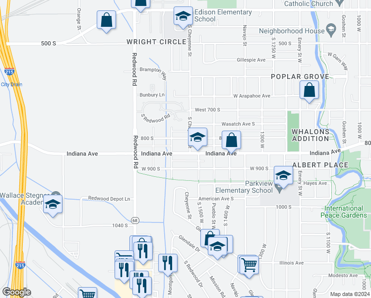 map of restaurants, bars, coffee shops, grocery stores, and more near 1536 Indiana Avenue in Salt Lake City