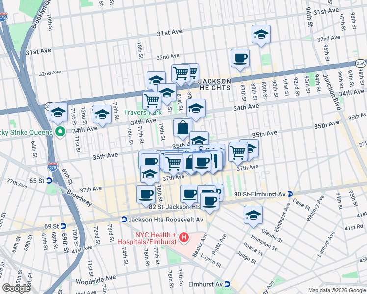 map of restaurants, bars, coffee shops, grocery stores, and more near 81-05 35th Avenue in Queens