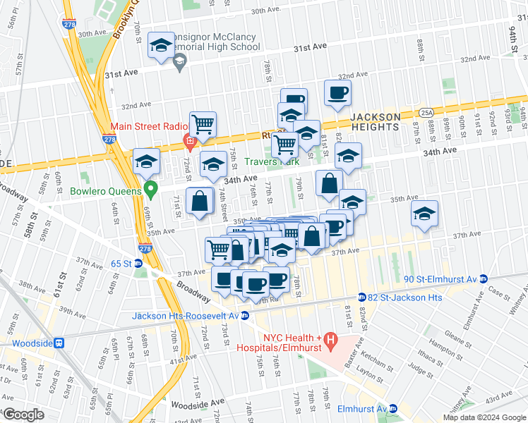 map of restaurants, bars, coffee shops, grocery stores, and more near 34-35 35th Avenue in Queens