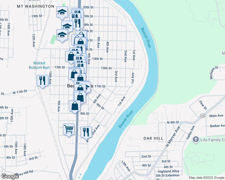 map of restaurants, bars, coffee shops, grocery stores, and more near 1037 3rd Avenue in Beaver Falls