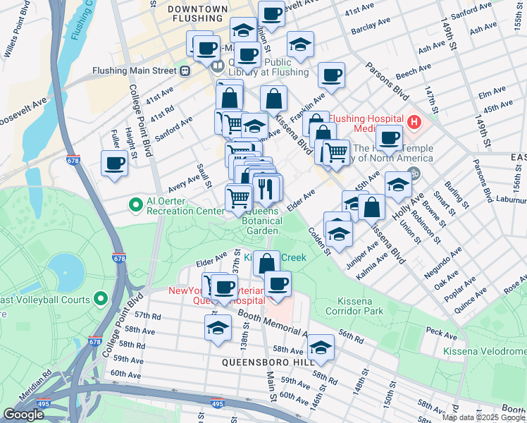 map of restaurants, bars, coffee shops, grocery stores, and more near 43-50 Main Street in Queens