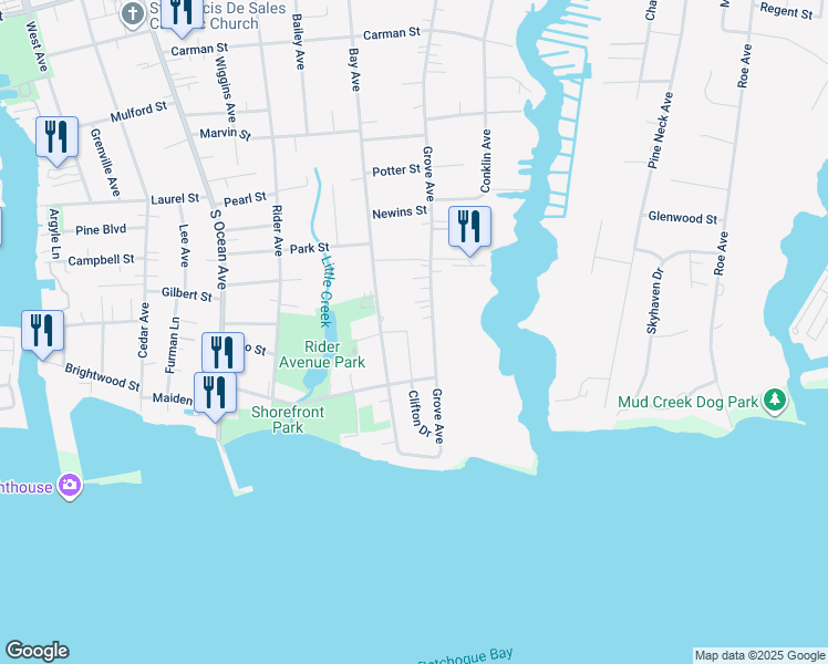 map of restaurants, bars, coffee shops, grocery stores, and more near 396 Grove Avenue in Patchogue