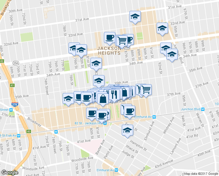 map of restaurants, bars, coffee shops, grocery stores, and more near 34-51 84th Street in Queens