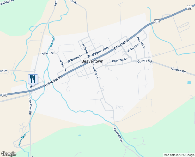 map of restaurants, bars, coffee shops, grocery stores, and more near Center Street in Beavertown