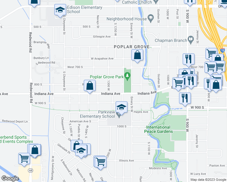 map of restaurants, bars, coffee shops, grocery stores, and more near 1244 West Indiana Avenue in Salt Lake City