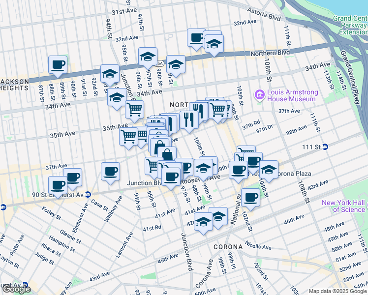 map of restaurants, bars, coffee shops, grocery stores, and more near 37-12 100th Street in Queens