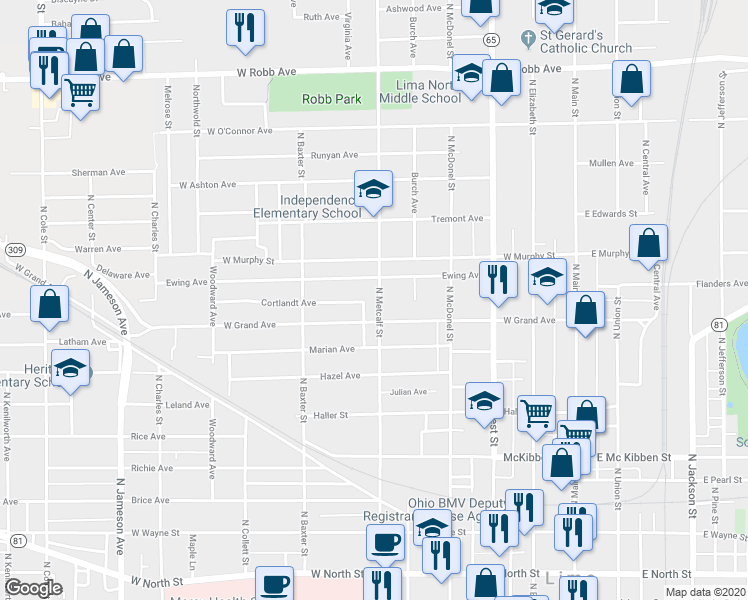 map of restaurants, bars, coffee shops, grocery stores, and more near 923 North Metcalf Street in Lima