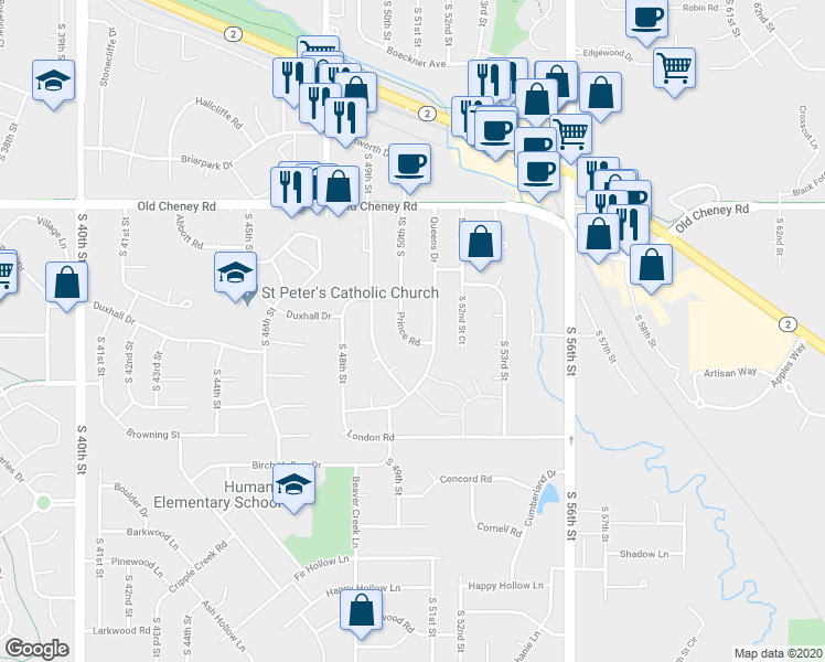 map of restaurants, bars, coffee shops, grocery stores, and more near 5030 Prince Road in Lincoln