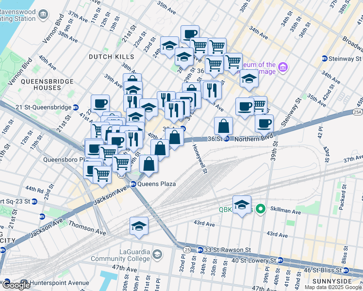map of restaurants, bars, coffee shops, grocery stores, and more near 31-08 Northern Boulevard in Queens