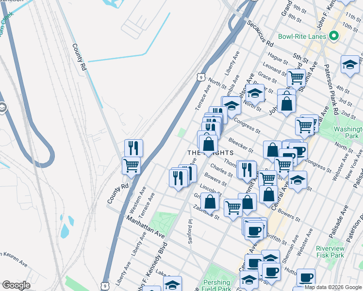 map of restaurants, bars, coffee shops, grocery stores, and more near 168 County Road 649 in Jersey City
