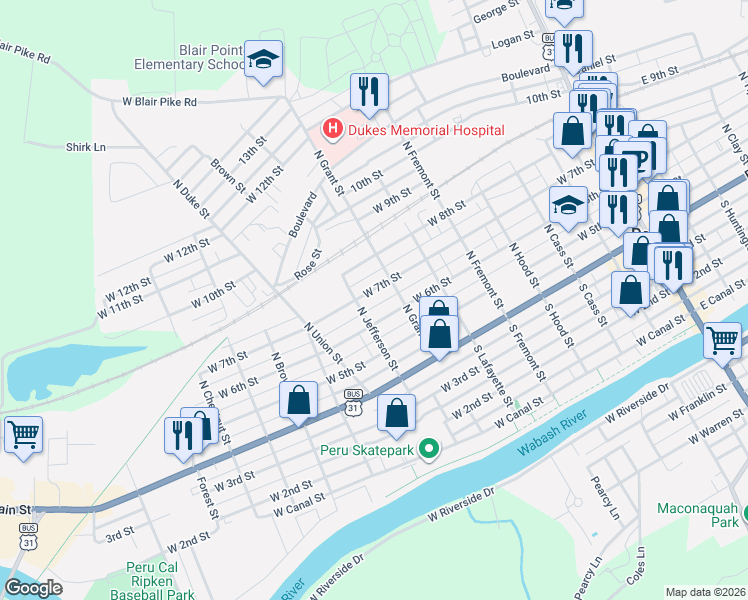 map of restaurants, bars, coffee shops, grocery stores, and more near 301-349 West 7th Street in Peru