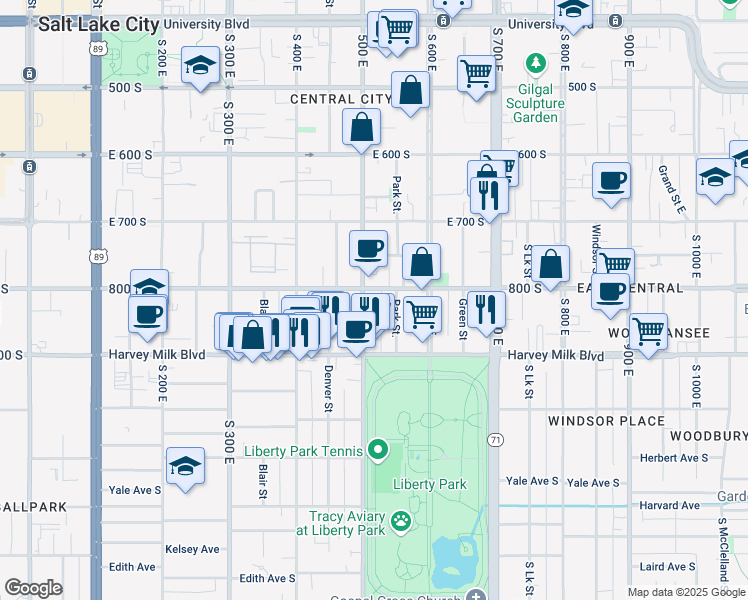 map of restaurants, bars, coffee shops, grocery stores, and more near 807 South 500 East in Salt Lake City