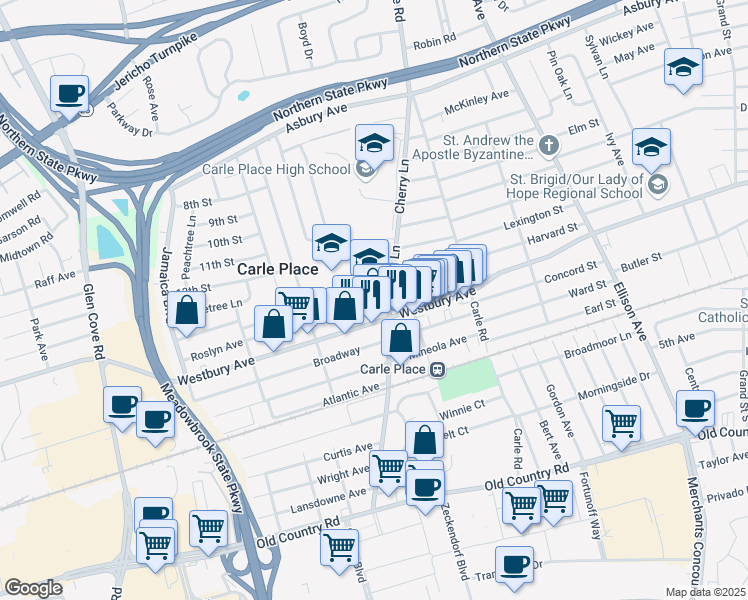 map of restaurants, bars, coffee shops, grocery stores, and more near 475 Roslyn Avenue in Carle Place