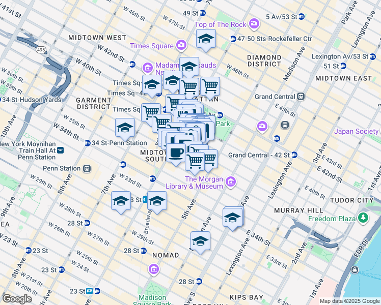 map of restaurants, bars, coffee shops, grocery stores, and more near 32 West 38th Street in Brooklyn