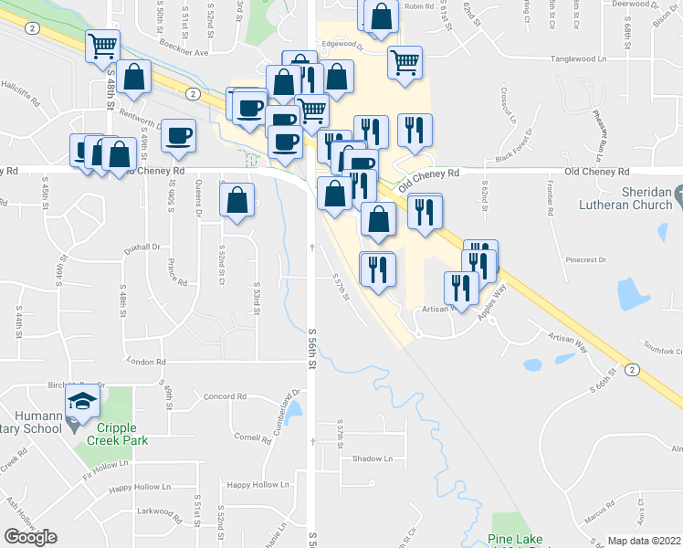 map of restaurants, bars, coffee shops, grocery stores, and more near 5940 South 57th Street in Lincoln
