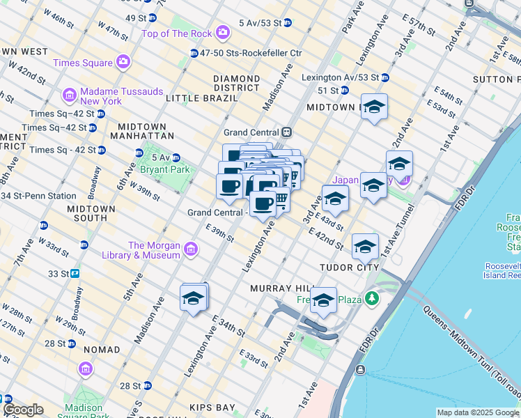 map of restaurants, bars, coffee shops, grocery stores, and more near 110 East 42nd Street in New York