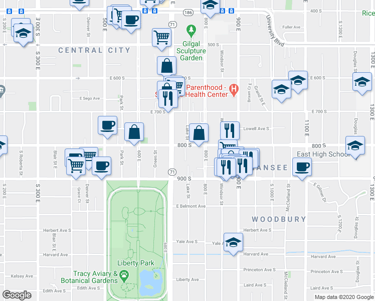 map of restaurants, bars, coffee shops, grocery stores, and more near 733 800 South in Salt Lake City