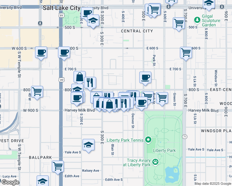 map of restaurants, bars, coffee shops, grocery stores, and more near 361 800 South in Salt Lake City
