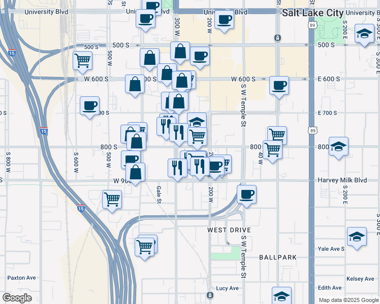 map of restaurants, bars, coffee shops, grocery stores, and more near in Salt Lake City