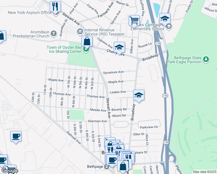 map of restaurants, bars, coffee shops, grocery stores, and more near 81 Maple Avenue in Bethpage