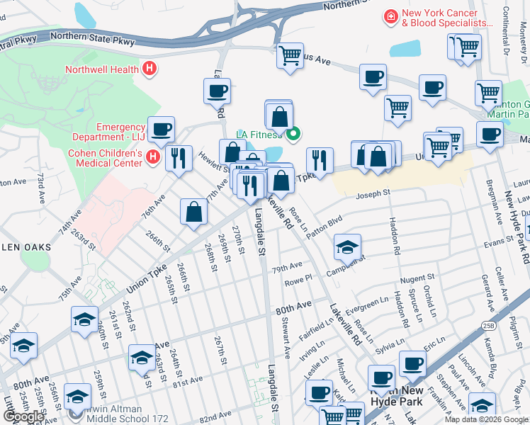 map of restaurants, bars, coffee shops, grocery stores, and more near 2062 Lakeville Road in New Hyde Park