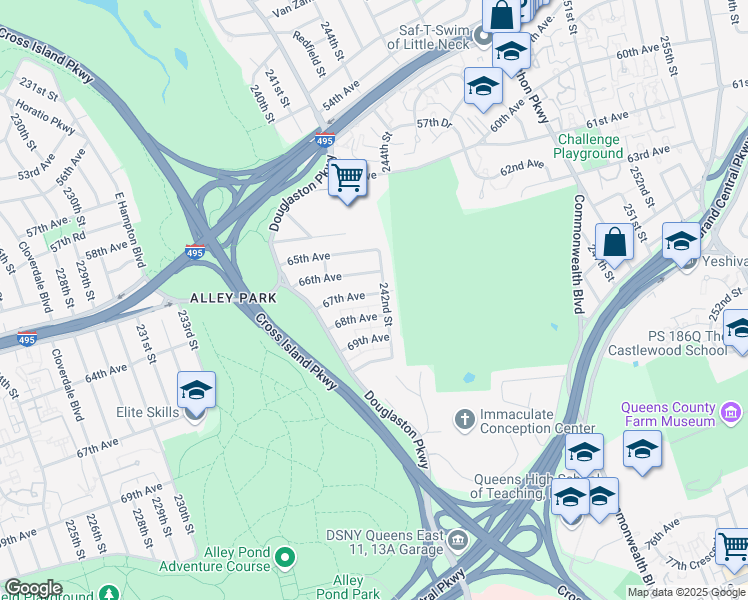 map of restaurants, bars, coffee shops, grocery stores, and more near 240-83 67th Avenue in Queens