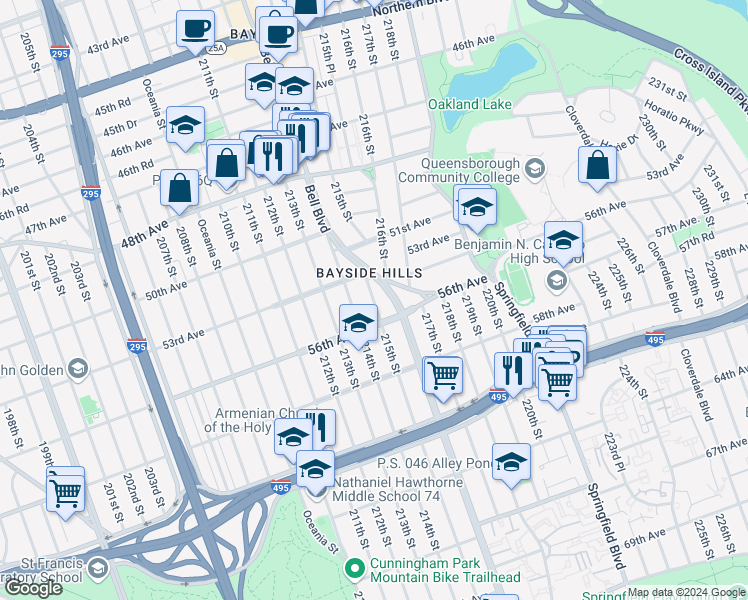 map of restaurants, bars, coffee shops, grocery stores, and more near in Queens
