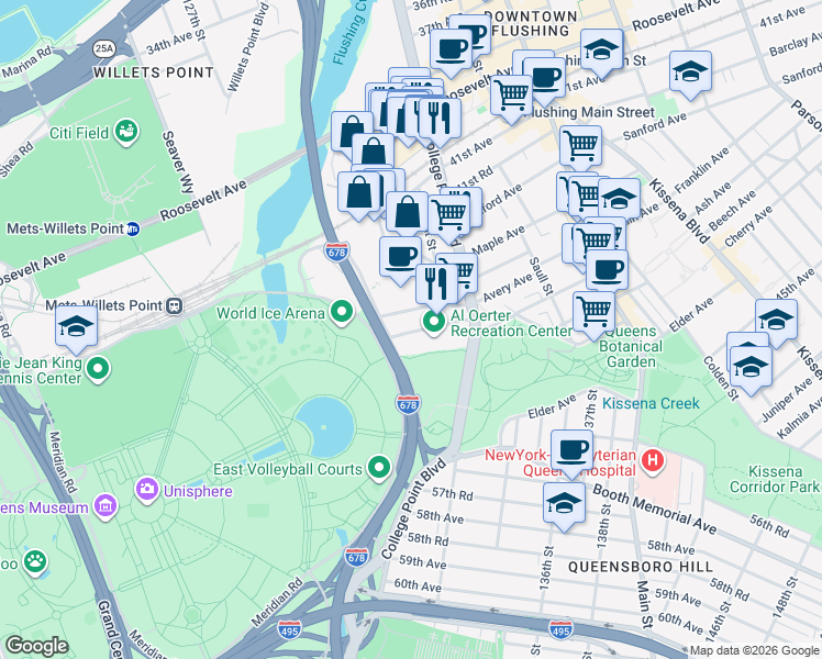 map of restaurants, bars, coffee shops, grocery stores, and more near 13144 Avery Avenue in Queens