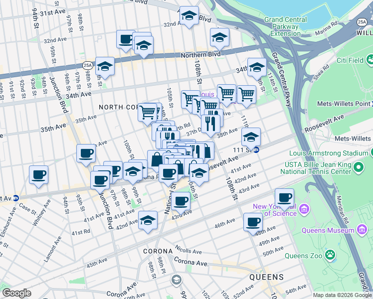 map of restaurants, bars, coffee shops, grocery stores, and more near 104-31 38th Avenue in Queens